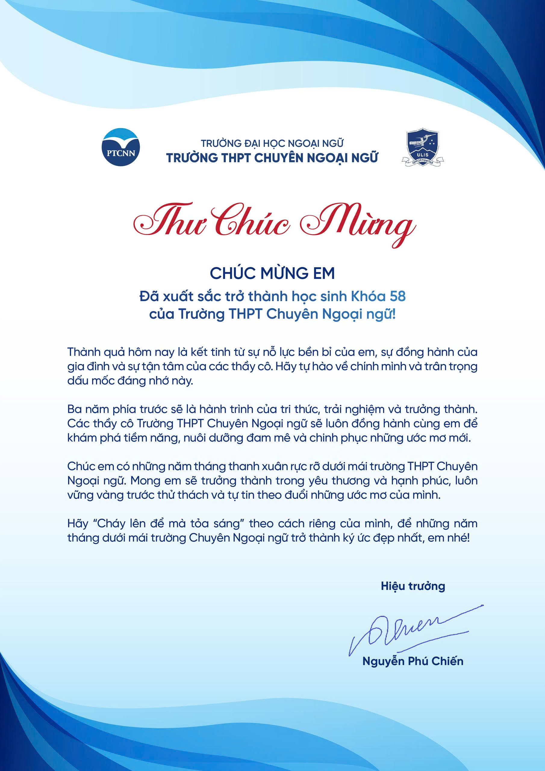THƯ CHÚC MỪNG TỪ THẦY HIỆU TRƯỞNG TRƯỜNG THPT CHUYÊN NGOẠI NGỮ GỬI ĐẾN ...